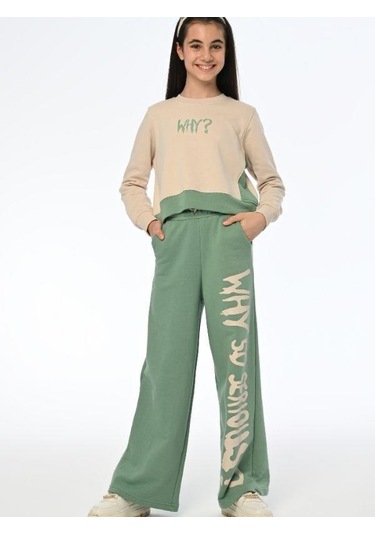 Kız Çocuk Why Yazılı Yanlardan Çıt Çıtlı Bol Paça Eşofman Takım-13538 Yeşil