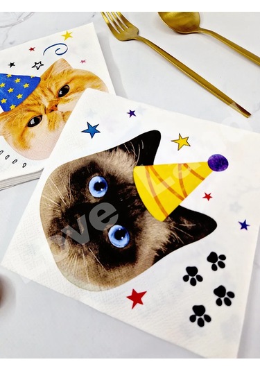 Love Land Kedi Desenli Kutlamalar İçin Kağıt Peçeteler 33x33 Cm 20'li 372030235 Beyaz
