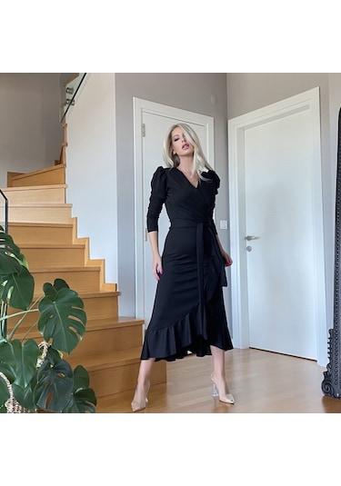 Krep Kumaş Midi Boy Kuşaklı Uzunkol Elbise 113 Cm Bediva 001