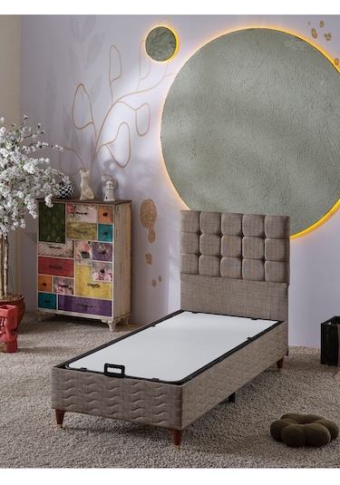 Beehanem Bengü Tek Kişilik 3lü Set Yatak+baza+başlık Keten Kahve 90 X 190