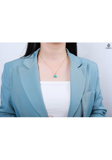 Ginkgo Yaprağı İşlemeli Turkuaz Altın Kaplama İnci Köprücük Kemiği Kolye Altın