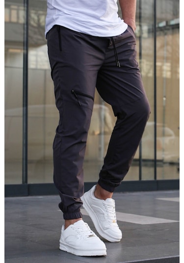 Madmext Füme Fermuar Detaylı Paraşüt Jogger Pantolon Füme