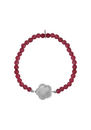 Zirkon Taşlı Pırlanta Montür Gümüş Rengi Kaplama Kırmızı Boncuklu Yonca Desenli Gümüş Strech Bileklik Gümüş - Rose Gold