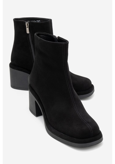 Junae Siyah Süet Hakiki Deri Kadın Kalın Topuklu Bot Siyah