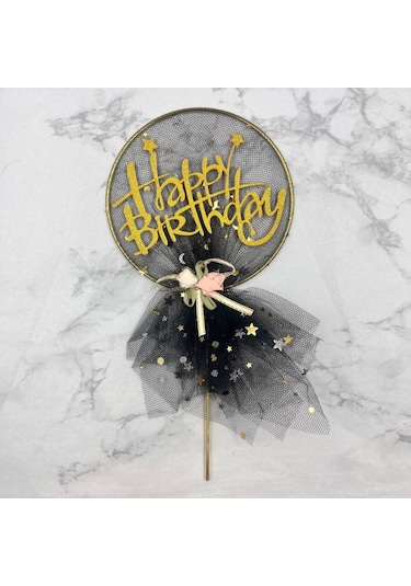 Pasta Üstü Happy Bırthday Metal Çubuklu Siyah Tüllü Süs 21 Cm