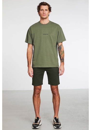 Rıver Erkek Nakış Işlemeli Oversize %100 Organik Pamuk Örme Haki T-shirt