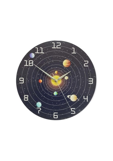 CajuArt Dekoratif Yuvarlak Uzay ve Gezegenler Ahşap Duvar Saati Ahşap