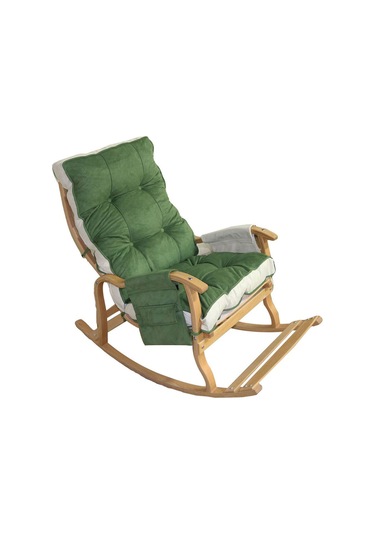 Enda Home Mosso Çift Minderli Ahşap Sallanan Sandalye Tv Baba Koltuğu Dinlenme Koltuğu Yeşil - Krem