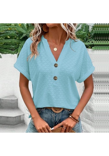 2023 İlkbahar Ve Yaz Yeni Kadın Moda Ve Rahat Düğme V Yaka T-shirt Kadınlar İçin Düz Renk Hollow Out T-shirt Mavi