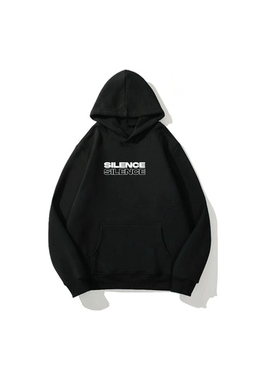 Altamira Unisex Siyah Silence Baskılı Oversize Kapşonlu Sweatshirt 001