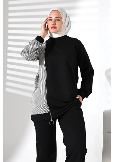 Kadın Mevsimlik Alt Ve Üst Rahat Siyah Spor Tesettür Takım Siyah