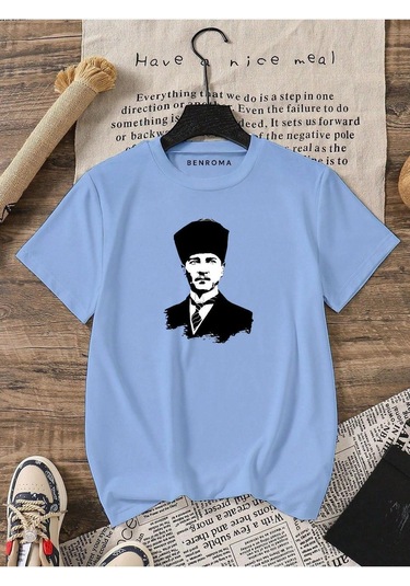 Atatürk Baskılı Oversize Unisex Tişört Bebe Mavisi