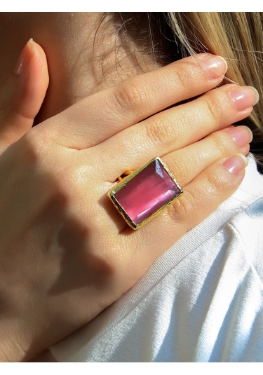 Kedi Gözü Cam Kadın Ayarlanabilir Altın Kaplama Yüzük Pembe Euy69p Pembe