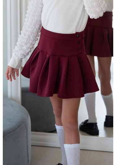 Breeze Kız Çocuk Mini Etek Pileli Çıtçıt Detaylı 7-12 Yaş, Bordo Bordo