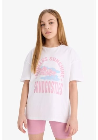 DeFacto Kız Çocuk 2'li Takım Baskılı Kısa Kollu Tişört Biker Tayt E5694A825HSPN454 Pembe