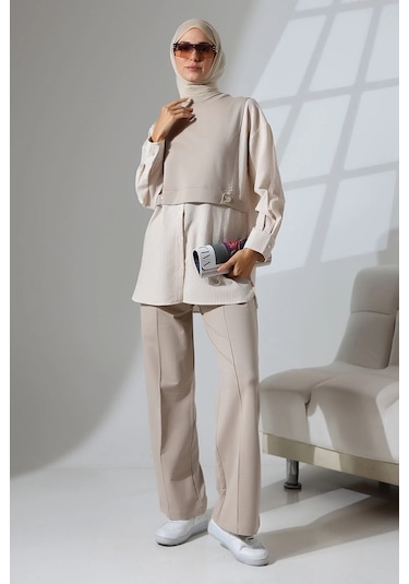 Kadın Taş Rengi Mevsimlik Penye Alt Üst Spor Ve Rahat Tesettür Takım Taş Rengi