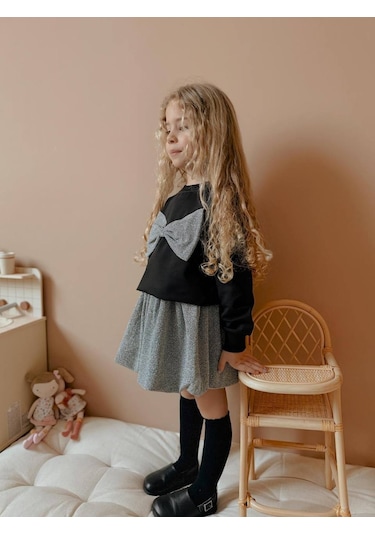 Kız Çocuk Fiyonk Modelli Simli Etekli Takım Siyah