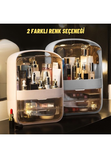 Makyaj Organizer Kozmetik, Fırça Ve Takı Düzenleyici Çok Amaçlı Masaüstü Makyaj Kutusu Bej