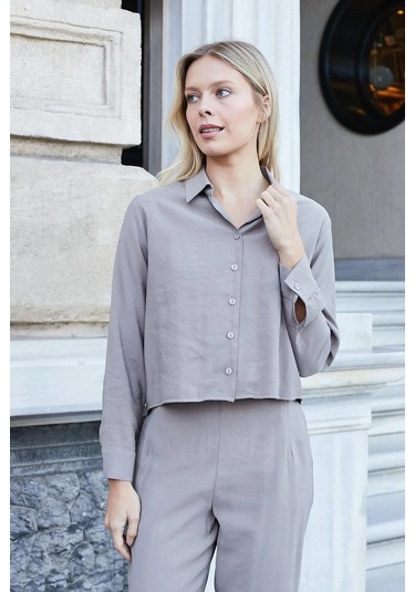 Kadın Likrasız Modal Kumaş Uzun Kol Hafif Kısa Gömlek-Duman Duman