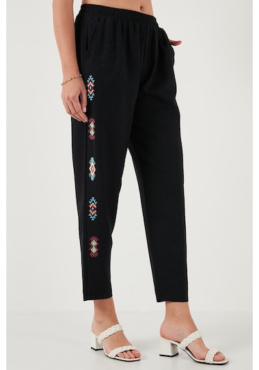 Lela Bohem Işlemeli Keten Ve Pamuk Karışımlı Şalvar Bayan Pantolon 5865050 Siyah