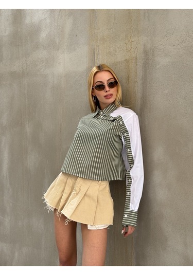 Kadın Özel Tasarım Yaka Koldan Giymeli Düğmeli Çizgi Garnili Crop Boy Tesettüre Uygun Bluz Gömlek Haki