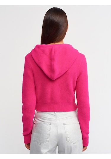 Dilvin Yumuşak Dokulu Kapşonlu Crop Kazak Fuşya