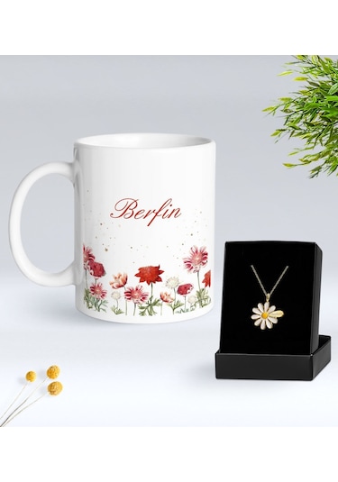 Bk Gift Kişiye Özel İsimli Çiçek Tasarımlı Beyaz Kupa Ve Papatya Kolye Hediye Seti - 9, Sevgiliye Hediye, Anneye Hediye, Arkadaşa Hediye Kobitmeyencom