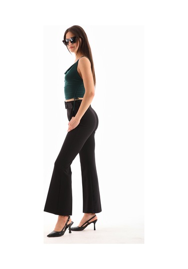 Kemerli Fermuarlı Yanlardan Cepli Geniş Paça Dabıl Kumaş Siyah