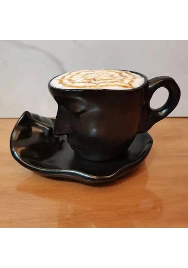 Seramik Yüz Desenli Kupa Bardak Siyah