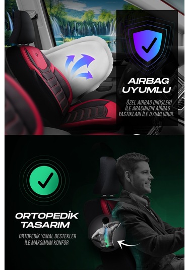 Siyah - Kırmızı Garni Panda Manavgat Serısı Lakos Kumaş Oto Koltuk Kılıfı - Tam Set