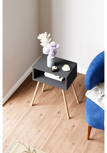 İntergo Ahşap Ayaklı Raflı Komodin Antrasit Gri