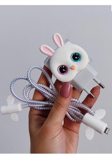 iPhone 18/20 W Şarj Cihazı Uyumlu 5 Parça Şarj Koruma Seti, Kablo Koruyucu - Tavşan