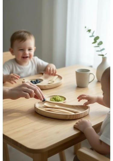 Ördek Figürlü Bambu Bebek Mama Seti Bölmeli Tabak + Kaşık Çatal Seti Bej