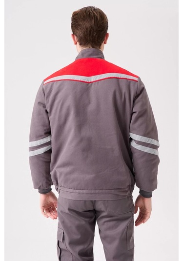 Kışlık İş Montu Grikırmızı Reflektörlü Gabardin Royal Mont İçi Kapitoneli Sıcak Tutan Gri-Kırmızı