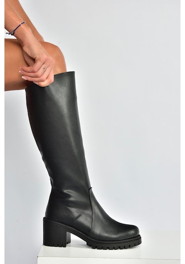 Fox Shoes V726800209 Siyah Kalın Topuklu Klasik Kadın Çizme Siyah-Suni Deri