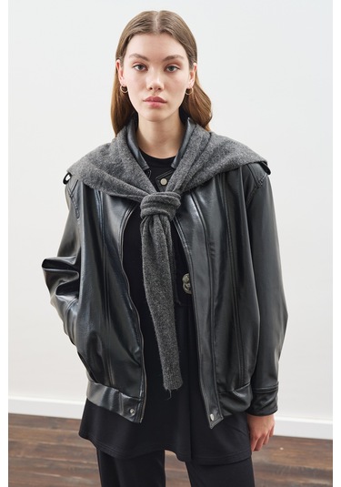 Kare Yaka Bağlamalı Triko Atkı Antrasit Antrasit