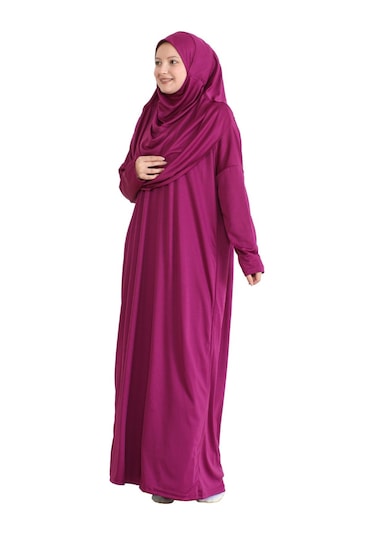 Keseli Namaz Elbisesi Eşarp Ve Tesbih Hazır Tesettür Giyim Türban Müslüman Giysi Takım Fuşya
