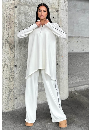 Ekru Asimetrik Kesim, Fermuarlı Bluz & Bol Paça Pantolon - Viskon İki İplik Kumaş Alt & Üst Takım Ekru