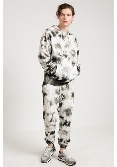 Jahr Marc Batik Yıkamalı Gri Oversize Erkek Kapüşonlu Sweatshirt Gri