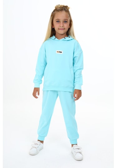 Toontoy Kız Çocuk Kapüşonlu Yazı Armalı Eşofman Takım Su Yeşili