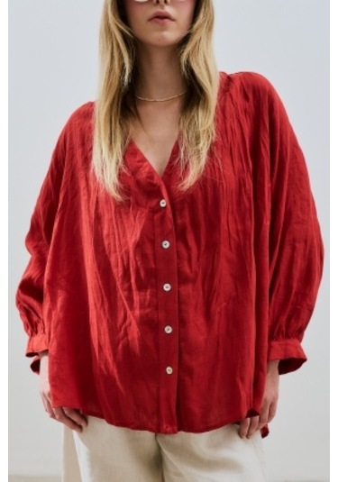 Keten Krushlı Düğmeli Bluz Kırmızı Kırmızı