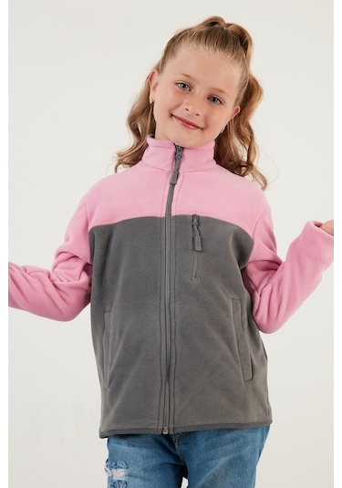 Lela Yumuşak Dokulu Fermuarlı Renk Bloklu Dik Yaka Cepli Hırka Unisex Çocuk Polar 5905001 Şeker Pembe-Gri