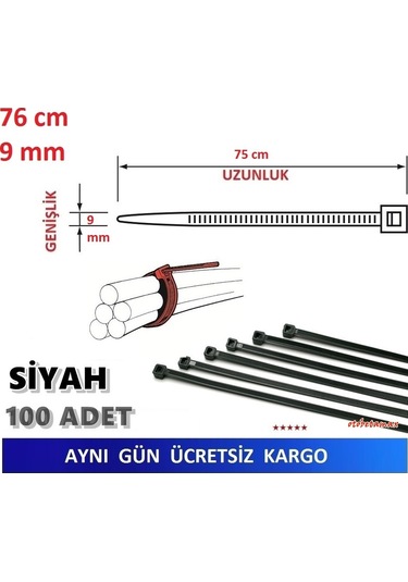 100 Adet 76Cm X 9Mm Plastik Kelepçe Kablo Bağı Siyah