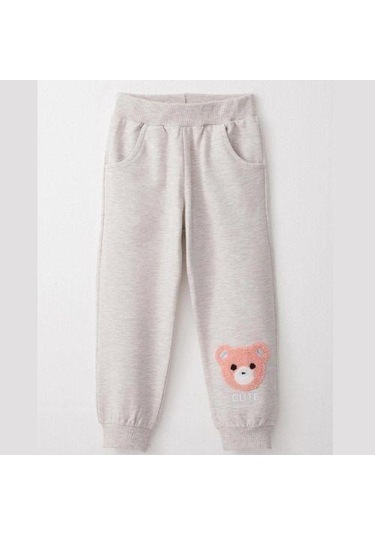 Kız Çocuk Ayıcık Nakışlı Pamuklu Eşofman Takım-14585 Gri
