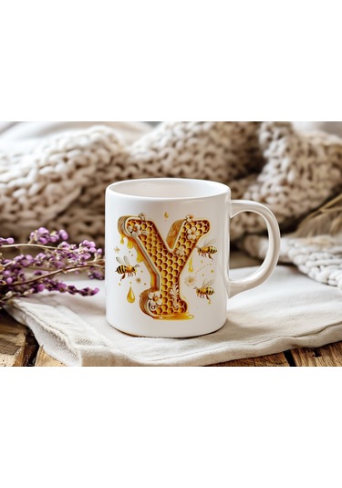 Y Harfi Bal Arısı Tasarım Kupa Bardak - Bal Ve Petek Desenli Kişiye Özel Kahve Kupası - Hediyelik Beyaz