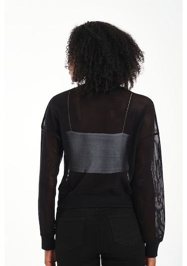 Bisiklet Yaka Petek File Bluz Siyah