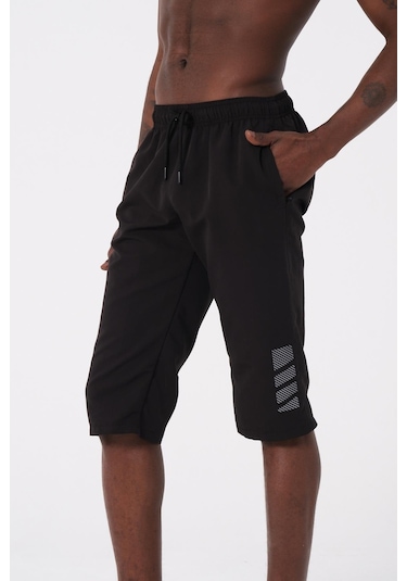 Siyah Büyük Beden Diz Altı Uzun Boy Basic Model Su İtici Özellikli Erkek Plaj Deniz Kapri Şort 001