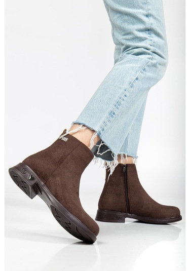 Kadın Bot Kahverengi Süet Suni Deri Kauçuk Taban Yüzüdüz-4371 Kahverengi Süet