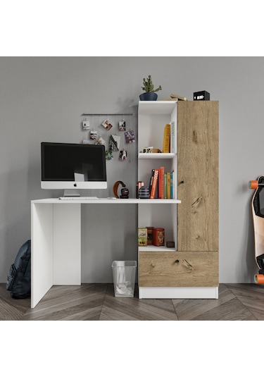 Merlin Mobilya Minör Çalışma Masası Ve 7 Bölmeli Kitaplık Meşe Beyaz - Meşe