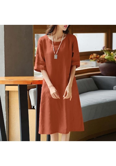 Zanzea Pamuk Keten Elbise Kadın Yaz Rahat O-boyun Yarım Kollu Elbise Turuncu